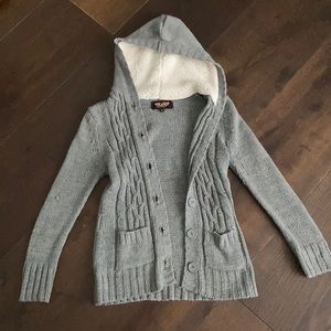 Gray, knitted sweater with hood